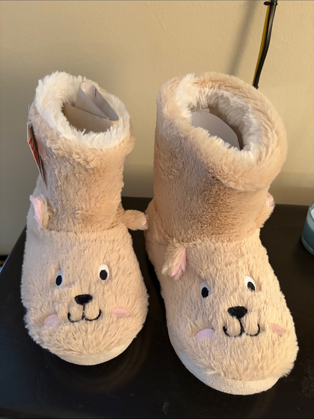 Plush Beige Kids Animal Bootie Slippers with Faux-Fur Lining